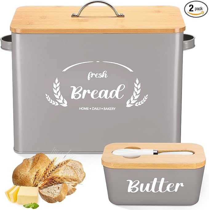 Qinyoung 2 Pcs Large Bread Box Set for Kitchen Countertop with Ceramic Butter Dish Holder Bamboo Lid Knife Metal Bread Holder Farmhouse Kitchen Storage Container for Home Housewarming Gift(Grey) by Qinyoung