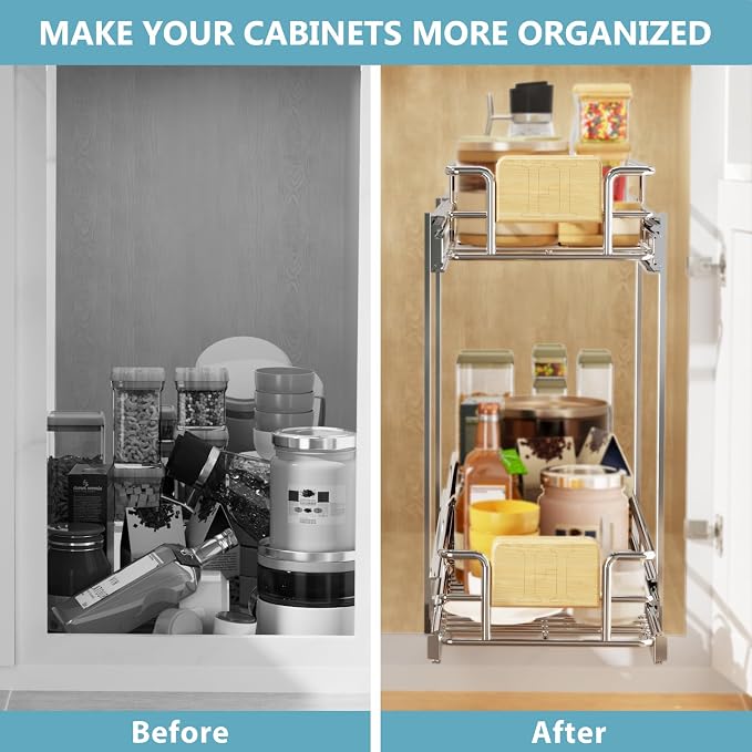 LOVMOR 2 Tier Pull Out Cabinet Organizer 7½" W x 21½" D, Slide Out Drawers with Wooden Handle, Sliding Shelves Organization and Storage for Kitchen, Pantry - Image 7