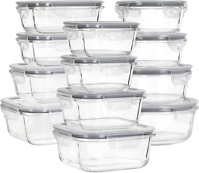 Glass Food Storage Containers with Lids, [24 Piece] Meal Prep Containers, Airtight Glass Bento Boxes, BPA Free & Leak Proof (12 lids & 12 Containers)-Grey by MUMUTOR