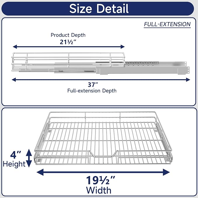 Pull Out Cabinet Organizer, 19.5" W x 21.5" D, Heavy Duty Chrome Slide Out Shelf for Base Cabinets, Sliding Wire Basket Drawer for Pantry Items, Bowls, Containers & Cleaning Supplies - Image 2
