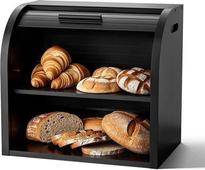 G.a HOMEFAVOR 2-Tier Bamboo Bread Box for Kitchen Counter, Black | Large Roll Top Bread Storage Container, Bread Holder Food Bin for Countertop, Self-Assembly by GaHOMEFAVOR