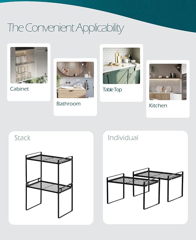 Shantton 2pk Kitchen Cabinet Shelf Counter Organizer Rack Pantry Storage Bathroom Bedroom Office Table Desk Space Saving Steel Frame Stackable Rust Resistant Non Slip Black-Tall-L13in W8.3in H9.5in | 2-Pack Stackable Metal Riser Holds 40LBS with Non-Sl... - Image 4