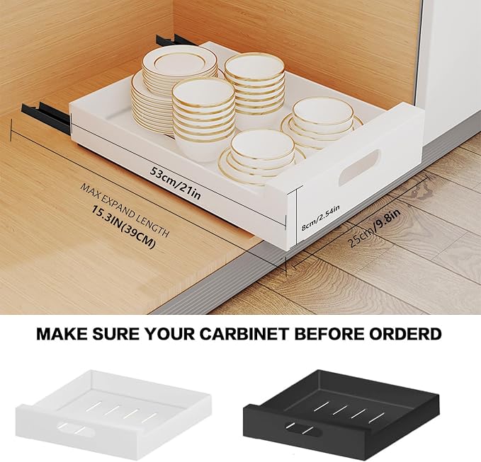bealy 21'' Deep Pull Out Cabinet Organizer Adhesive, 10'' Wide Roll Out Cabinet Drawers for Face Frame or Frameless Cabinets, Sturdy Carbon Steel Kitchen Organizer Shelf for Pantry, Kitchen, Bathroom - Image 2