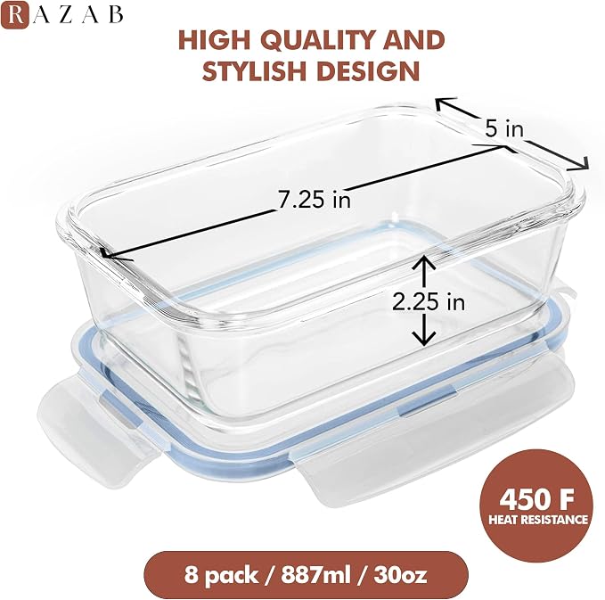 Razab 16 Pc (Set of 8) 30 Oz Glass Meal Prep Containers with Lids, Airtight Large Glass Food Storage Containers, Reusable Leak Proof BPA Free, Freezer to Oven and Dishwasher Safe - Image 3