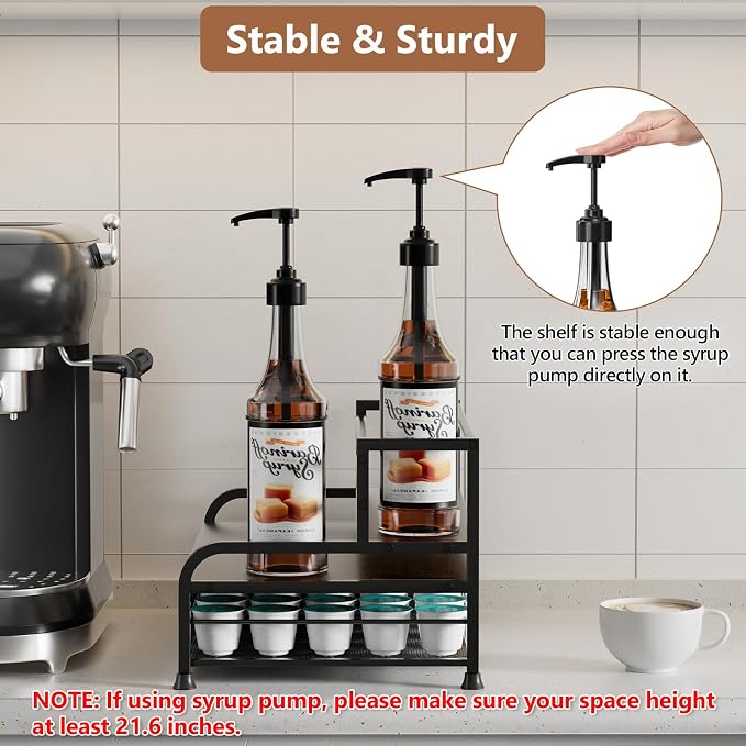 Coffee Syrup Rack Organizer, 3-Tier with 35 K-Cup Pod Holder Drawer | Black Metal Rack for 8 Syrup Bottles,Countertop Bottle Holder Stand for Wine,Space-Saving Design for Kitchen Cafe Station - Image 2
