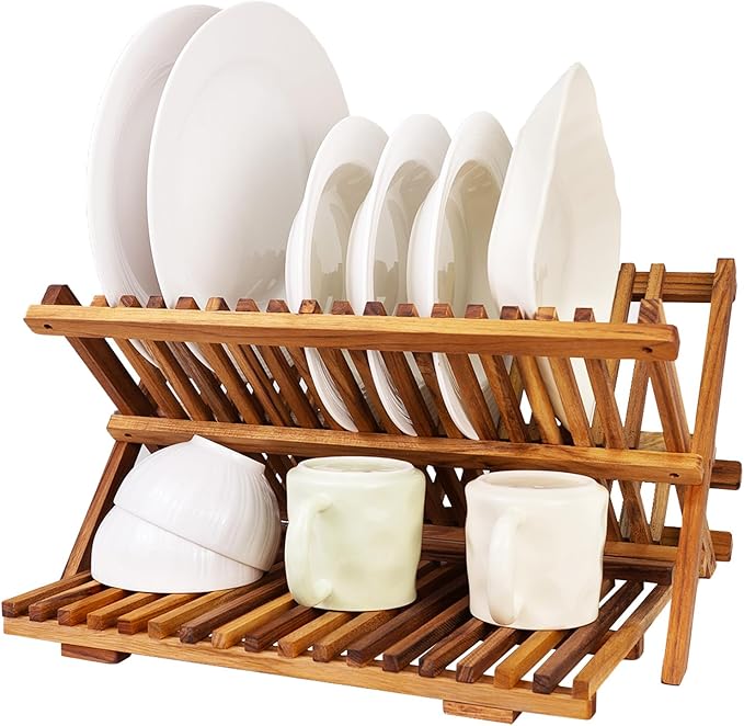 Utoplike Teak Dish Drying Rack Collapsible, Large Dishes Draine 3 Tier | Foldable Large Capacity Dish Draine, Space-Saving Countertop Kitchen Organizer for Plates, Cups by Utoplike