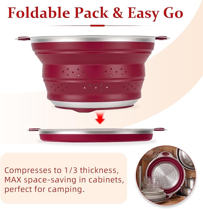 Collapsible Colander Set with Silicone Mat,2-in-1 Stainless Steel Colander for Kitchen, Foldable Metal Colander, Space-Saving for Pasta Veggies Fruit(PERSIAN RED) - Image 7
