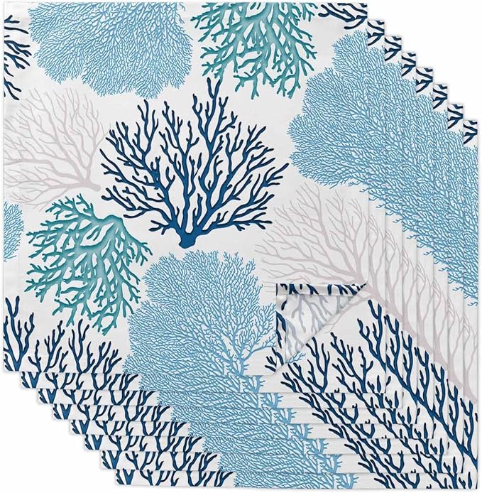 Ocean Blue Coral Dinner Napkins Cloth Set of 8 Polyester Napkins 20 x 20 Inch, Sea Teal Retro Beach Nautical Marine Washable and Reusable Table Napkins for Wedding Cocktail Hotel by AMZRicher