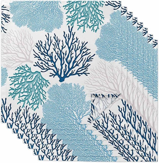Ocean Blue Coral Dinner Napkins Cloth Set of 8 Polyester Napkins 20 x 20 Inch, Sea Teal Retro Beach Nautical Marine Washable and Reusable Table Napkins for Wedding Cocktail Hotel by AMZRicher