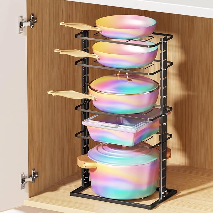 LAMU Pots and Pans Organizer Under Cabinet, 5 -Tier Dual-Pillar Design | Adjustable All-Metal Rack Stores Pots, Pans And Lids in Cabinets, on Countertops or Under Sinks, Holding Up to 55 Lb Black by YourHome-OrganizationHelper