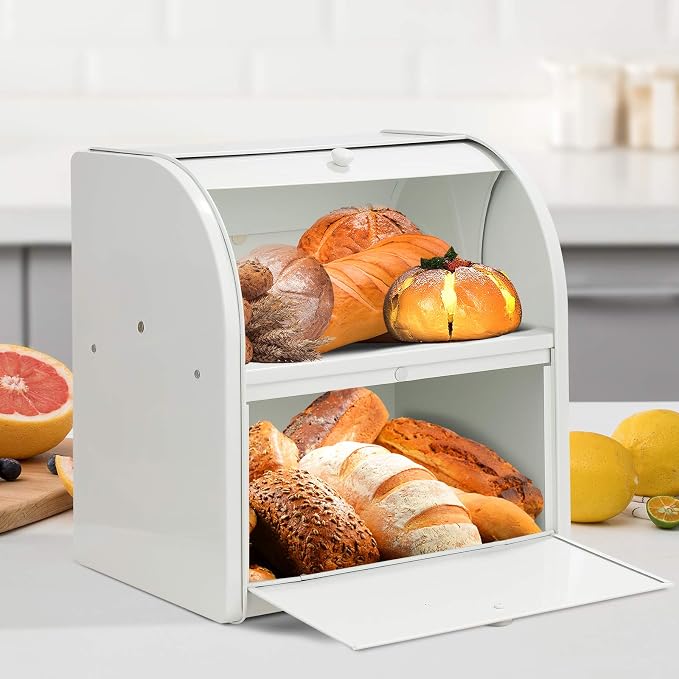 Bread Box, Metal Bread Box for Kitchen Countertop, 2 Layer Roll Top Bread Boxes, Stainless Steel Bread Storage, Kitchen Counter Bread Bin, Airtight Holder for Homemade Bread（White） - Image 3