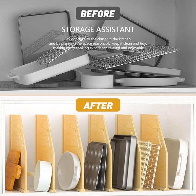 6 Pack Wood Tray Dividers Organizer For Kitchen Cabinet | Adjustable Vertical Cookie Sheet Organizer, Cabinet Dividers Organizer For Pots, Cutting Board, Pans, Lids, Baking Sheets - Image 2