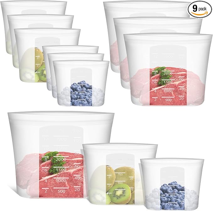 100% Silicone Reusable Storage Bag, 9 Pack Stand-Up Wide-Mouth Zip-Lock Food Storage Bags, Easy-Fill Easy-Open Easy-Clean Space-Saving, Microwave & Dishwasher Safe, Gallon/Sandwich/Snack, Translucent by Annaklin