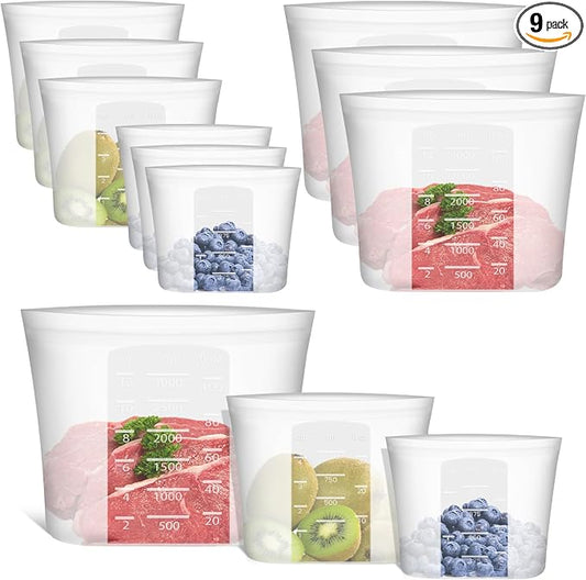 100% Silicone Reusable Storage Bag, 9 Pack Stand-Up Wide-Mouth Zip-Lock Food Storage Bags, Easy-Fill Easy-Open Easy-Clean Space-Saving, Microwave & Dishwasher Safe, Gallon/Sandwich/Snack, Translucent by Annaklin