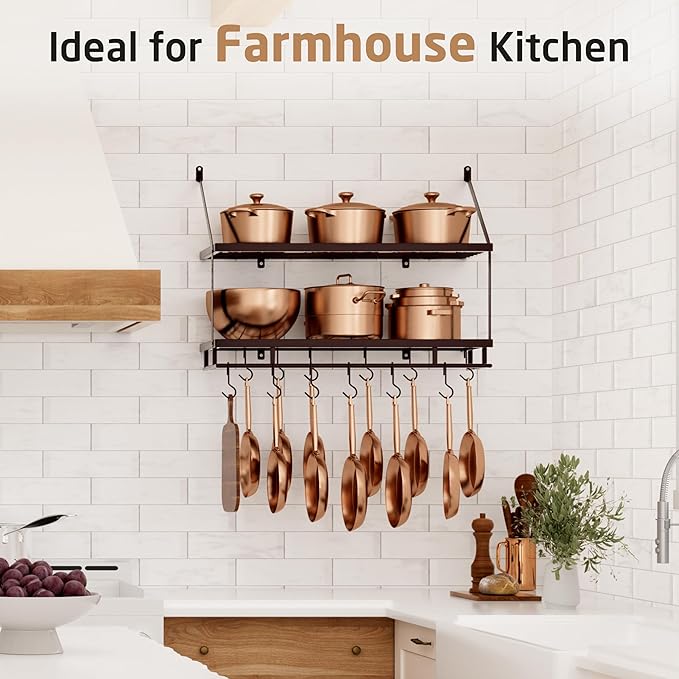 KES 30-Inch Oiled Bronze Pot Rack Wall Mounted, 100 Lbs Capacity, 12 Hooks | 2-Tier, Cast Iron Pots and Pans Organizer Hanging, Kitchen Wall Hanger Shelves, Farmhouse Style, KUR215S75B-OB - Image 2