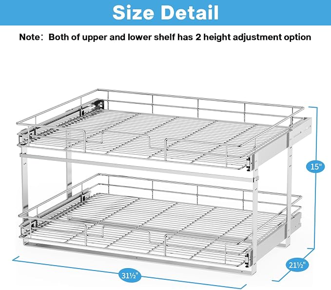 LOVMOR Individual Pull Out Cabinet Organizer, 2 Tier Slide Out Cabinet Drawers, Pots and Pans Organizer and Storage Pantry Shelf for Kitchen (31½" W x 21½" D) - Image 3