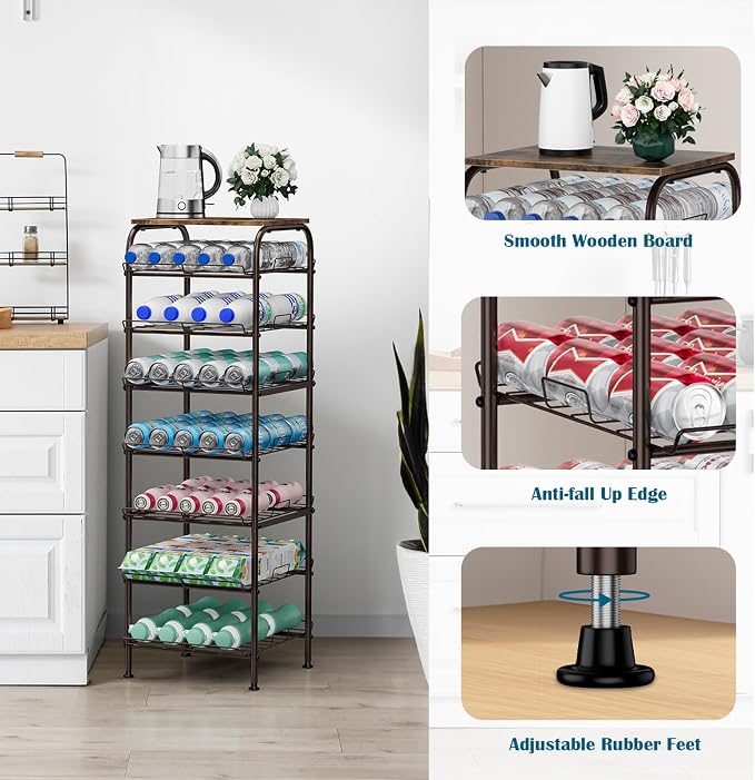 smusei Water Bottle Organizer 7 Tier Free Standing Water Bottle Storage Rack Metal Water Bottle Rack Shelf Large Capacity Bottled Water Holder Beverage Drink Stand for Kitchen Pantry Office, Brown - Image 2