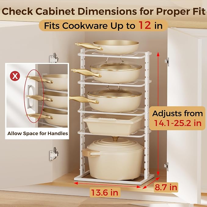 LAMU Pots and Pans Organizer Under Cabinet, 5 -Tier Dual-Pillar Design | Adjustable All-Metal Rack Stores Pots, Pans And Lids in Cabinets, on Countertops or Under Sinks, Holding Up to 55 Lb White - Image 2