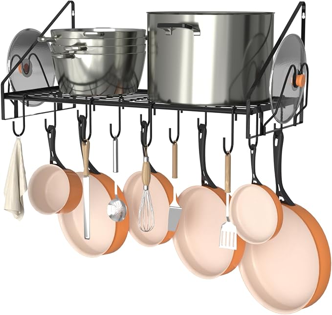 VyGrow 28 Inch Pot Rack Wall Mounted, Pots and Pans Organizer with 12 Hooks and 2 Pot Lid Holders, Heavy Duty Steel Pot and Pan Hanger for Kitchen Cookware Utensils Storage 34.7" Lx13 Wx12.6 H by VyGrow