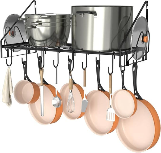 VyGrow 28 Inch Pot Rack Wall Mounted, Pots and Pans Organizer with 12 Hooks and 2 Pot Lid Holders, Heavy Duty Steel Pot and Pan Hanger for Kitchen Cookware Utensils Storage 34.7" Lx13 Wx12.6 H by VyGrow