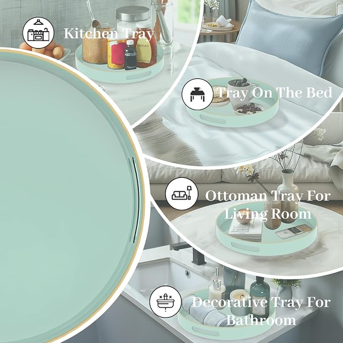 13" Mint Green Decorative Tray, Round Serving Tray with Handles | Plastic Decorative Tray for Coffee Table, Modern Ottoman Tray, Circle Tea Tray, Round Melamine Tray for Living Room, Bathroom - Image 7