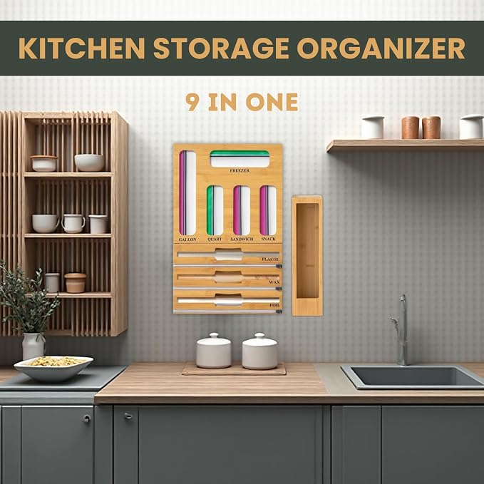 KALUHA Bamboo Food Storage Bag Organizer 9-in-1 | Gallon Quart Sandwich Snack Bag Holder for Kitchen Drawer | Aluminum Foil Plastic Wrap Wax Paper Dispenser | Kitchen Cabinet Storage Organization - Image 7