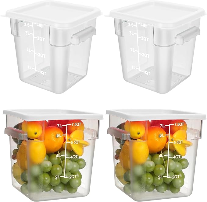 Lallisa 4 Pcs 8qt & 4qt Clear Food Storage Containers with Lids Handles and Scales, Stackable Plastic Square Food Storage Containers for Dough Proofing Baking Kitchen Restaurant(White) by Lallisa