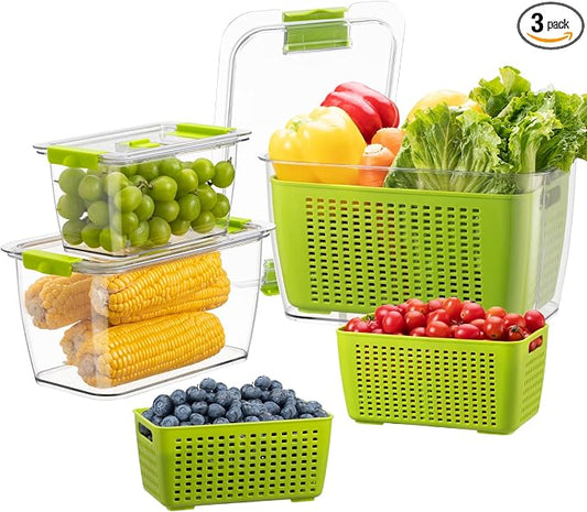 LUXEAR Fresh Container, 3PACK Produce Saver Container BPA Free Fridge Organizer for Vegetable Fruit and Salad Partitioned Food Storage Container with Vents Stay Fresh Containers Not Dishwashers Safe by Luxear