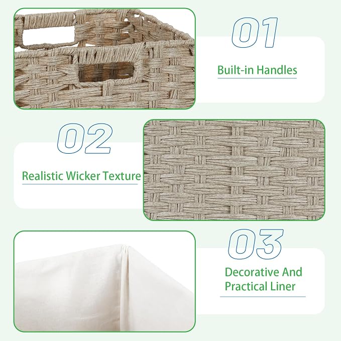 Bidtakay Wicker Baskets for Shelves Waterproof Imitation Wicker Cube Storage Bins with Liners for Organizing Closet Cabinet 2-Pack 11x11 inch Storage Cube Organizer for Pantry-Greyish Beige - Image 8