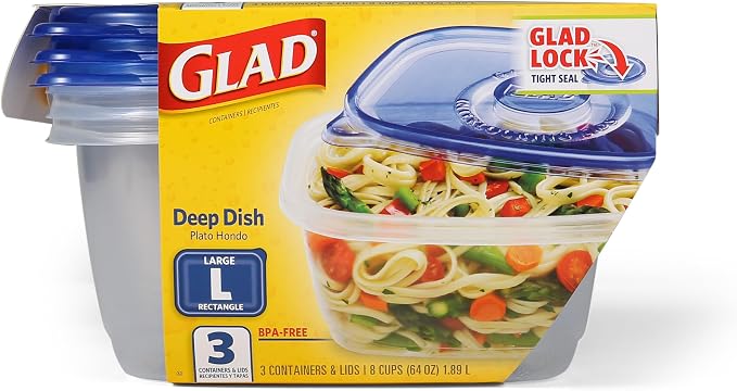 Glad GladWare Deep Dish Food Storage Containers, 64 Oz, 3 Count, 6-Pack | Lock-tight seal for soups, salads, and meal prep in a large rectangle format, microwave and dishwasher safe - Image 8