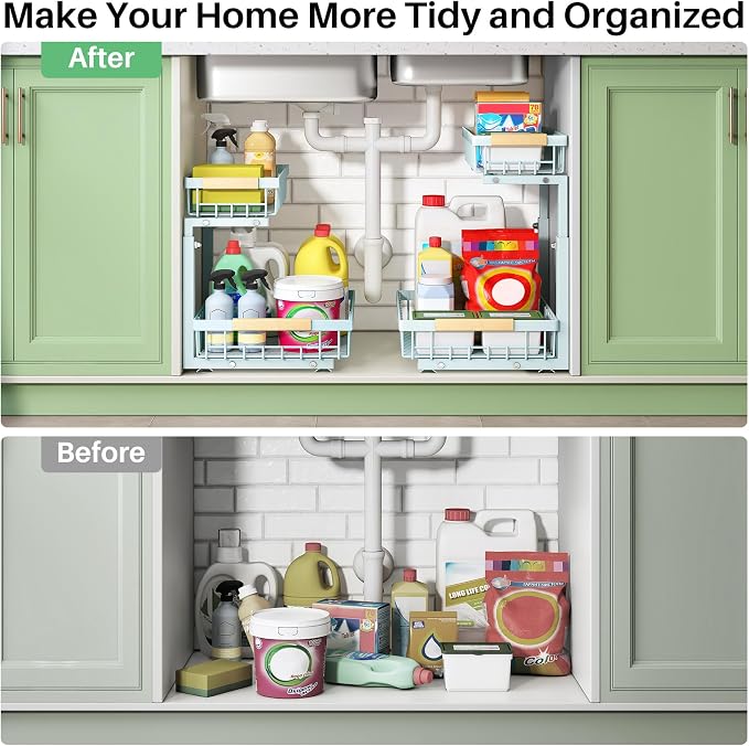 Kitstorack Under Sink Organizer, 2 Tier Under the Sink Storage, Slide out Pull out Cabinet Organizer Shelf, Metal Sliding Drawer for Kitchen Bathroom Pantry Closet Organization Rack, Blue, 1 Pack - Image 8