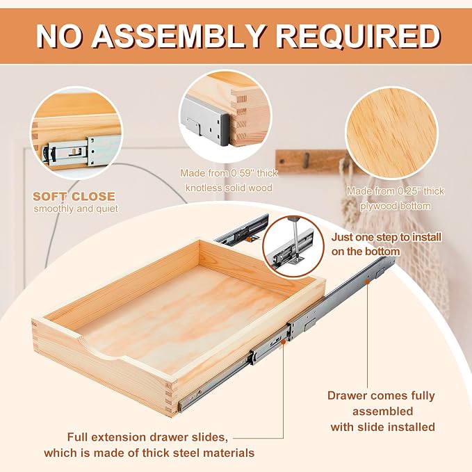 2 Set Wooden Pull out Cabinet Organizer Fully Assembled Slide out Pantry Drawer with Gentle Close Storage Shelf Tray for Base Kitchen Under Sink Bathroom Accessory(Wood Color,15'' X 21'' X 3'') - Image 3