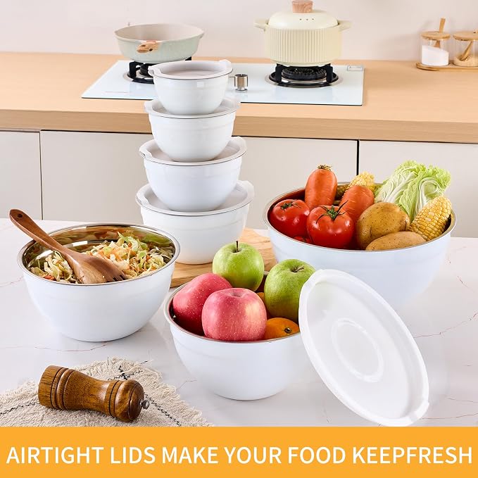 White Mixing Bowls with Airtight Lids, Stainless Steel Nesting Mixing Bowls Set of 7, Ideal for Baking, Prepping and Serving Food, Size 7, 3.6, 2.7, 2.1, 1.5, 1.1,0.8 QT, Stackable Design - Image 6