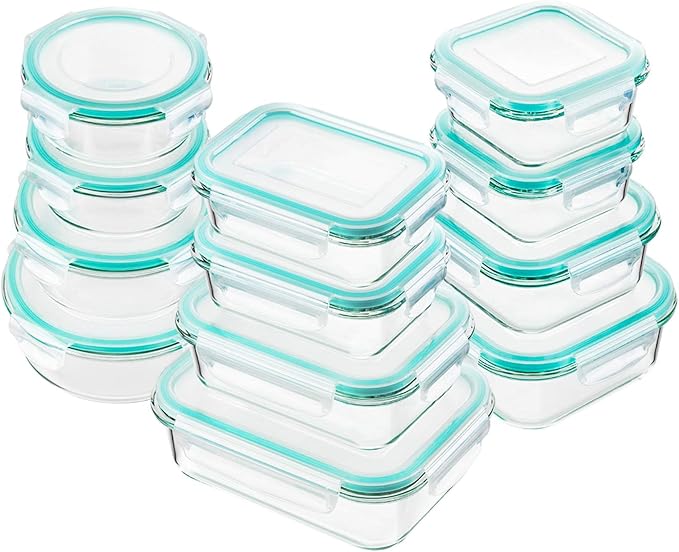 Bayco Glass Food Storage Containers with Lids, [24 Piece] Meal Prep, Airtight Bento Boxes, Leak Proof (12 lids & 12 Containers) - Blue by Bayco