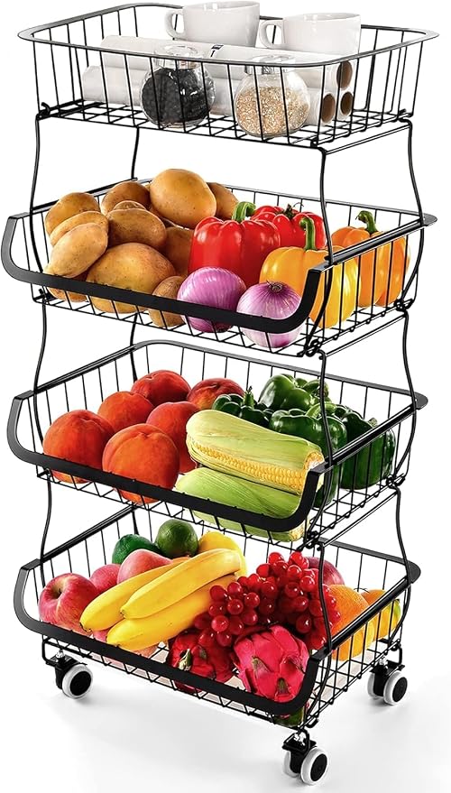 Fruit Vegetable Storage Basket, 4 Tier Stackable Metal Wire Storage Baskets with Wheels, Fruit Vegetable Produce Basket Organizer Bins for Kitchen, Pantry, Bathroom by MiyawellOfficial
