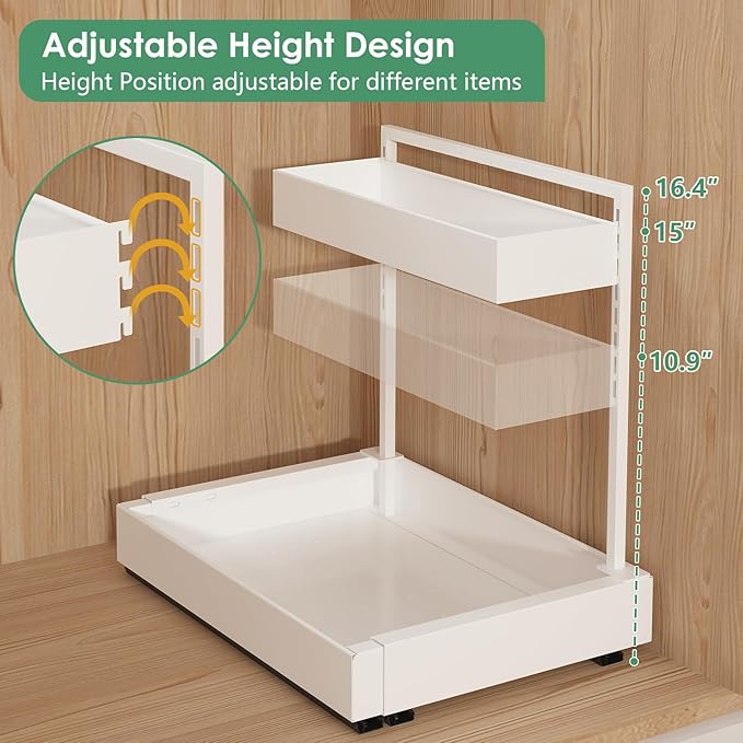 L-Shaped Under Sink Organizer with 6-Level Height Adjustment | Expandable Width, Pull-Out Cabinet Storage Rack with Quiet Sliding Rails for Kitchen, Bathroom, Laundry Room Cabinets, White - Image 4