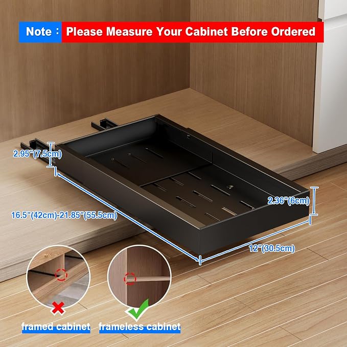 Mustorn 2 Pack Pull Out Cabinet Organizer,21.8" Deep Slide Out Drawer for Cabinets Adhesive Pull Out Drawers Heavy Duty Pull Out Shelves for Kitchen,Cupboard,Pantry,Bathroom-Black - Image 6