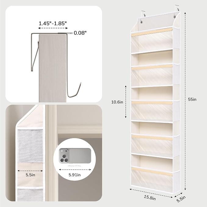 5 Tiers Natural Bamboo Over Door Organizer with 10 Mesh Side Pockets, 50 lbs Weight Capacity Hanging Storage Organizer with Clear Window Kids Toys, Shoes, Diapers, Warm Beige - Image 2