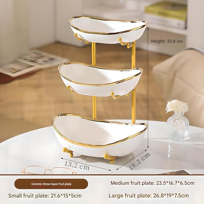 XUDREZ 3 Tier Fruit Bowl for Kitchen Counter with Metal Stand, Ceramic White Gold, Tiered Fruit Basket for Nuts, Snacks, Bread, Candy Storage (White A) - Image 2