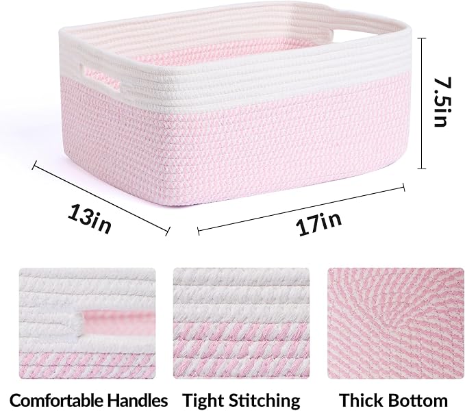 MiniArk Large Storage Baskets for Organizing, 17 x 13 x 7.5” Closet Shelf Baskets for Clothes Blanket Towels, Baby Nursery, Toy Bins Box, Woven Rope Baskets, 4 Packs Woven Pink - Image 2