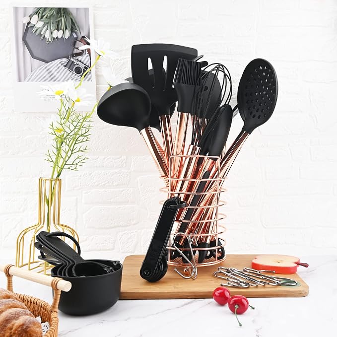 Non-stick Silicone Cooking Utensil Set with Holder, 16pcs Kitchen Utensils Set Heat Resistant Cookware Copper Stainless Steel Handle Cooking Tools Turner Tongs Spatula Spoon - Black&Rose Gold - Image 7