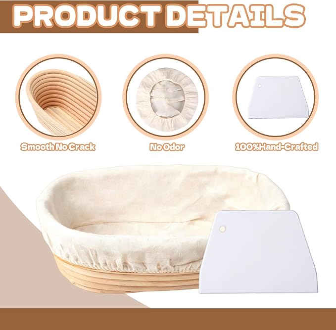 8 Sets Bread Proofing Baskets Bulk Banneton Bread Proofing Basket with Cloth Liners and Dough Scrapers Natural Rattan Banneton Sourdough Bowl Basket for Bakers(10 Inch) - Image 3