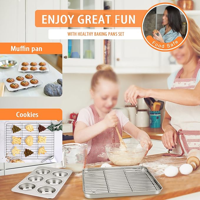 Toaster Oven Bakeware Set, E-far 8-Piece Stainless Steel Small Baking Pan Set, Include 6-Inch Cake Pan/Rectangle Baking Pan/Cookie Sheet with Rack/Muffin/Loaf/Pizza Pan, Non-Toxic & Dishwasher Safe - Image 6