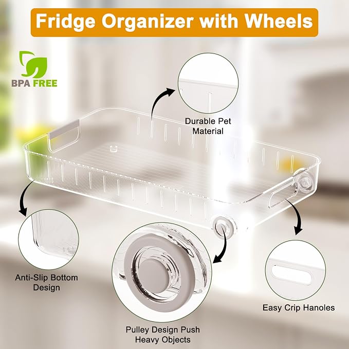Fridge Organizer with Wheels Upgrade Thick Plastic Pantry Storage Bins, Kitchen Organization (1 PACK-WIDE) - Image 2
