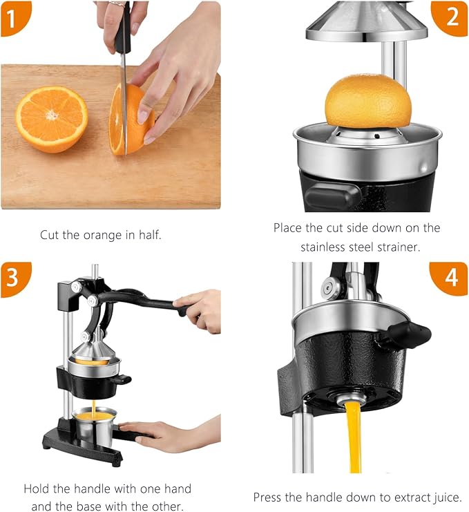 TONGCHANT Cast Iron Manual Juicer for Orange Lemon Lime Pomegranate &Citrus | Heavy Duty Orange Juicer Squeezer, Hand Press Juicer, Citrus Press, Stainless Steel Cup, Easy to Clean, Black - Image 6