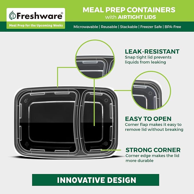 Freshware Meal Prep Containers with Lids 28 oz [15 Pack] 2-Compartment Food Storage Containers, Bento Box Lunch Containers, BPA Free, Airtight, Stackable, Reusable, Microwave/Dishwasher/Freezer Safe - Image 5