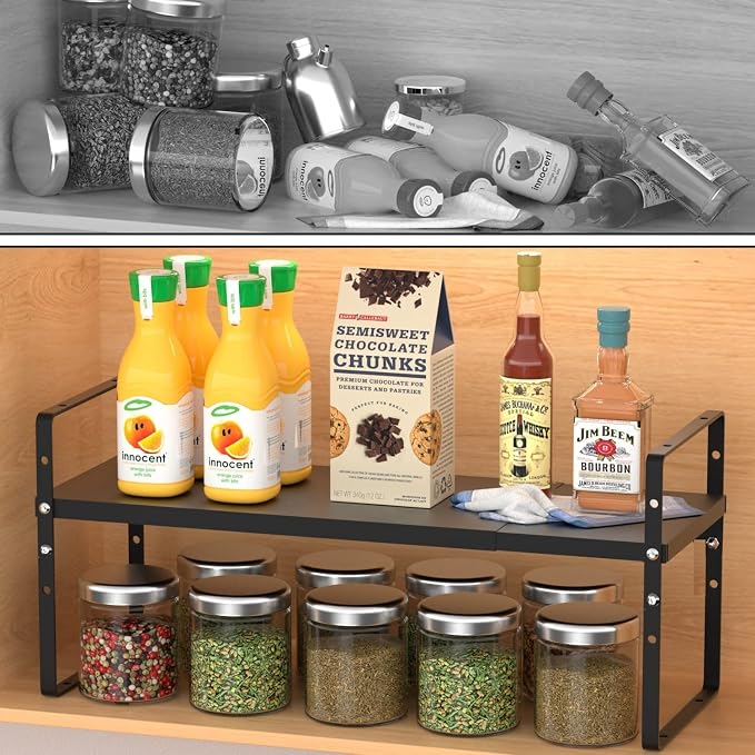 Jojocross Expandable Stackable Spice Rack Cabinet Shelf Organizer in Cabinets Shelves Kitchen Cupboard Organization Stack up Racks Pantry Countertop Storage Medium/Black 2 Packs - Image 4