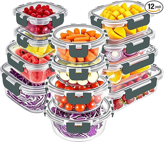VERONES 12 Packs Glass Food Storage Containers Set with Lids, Grey | Airtight Glass Lunch Containers, Glass Meal Prep Containers with Lids, for Microwave, Oven, Freezer & Dishwasher Friendly by VERONES