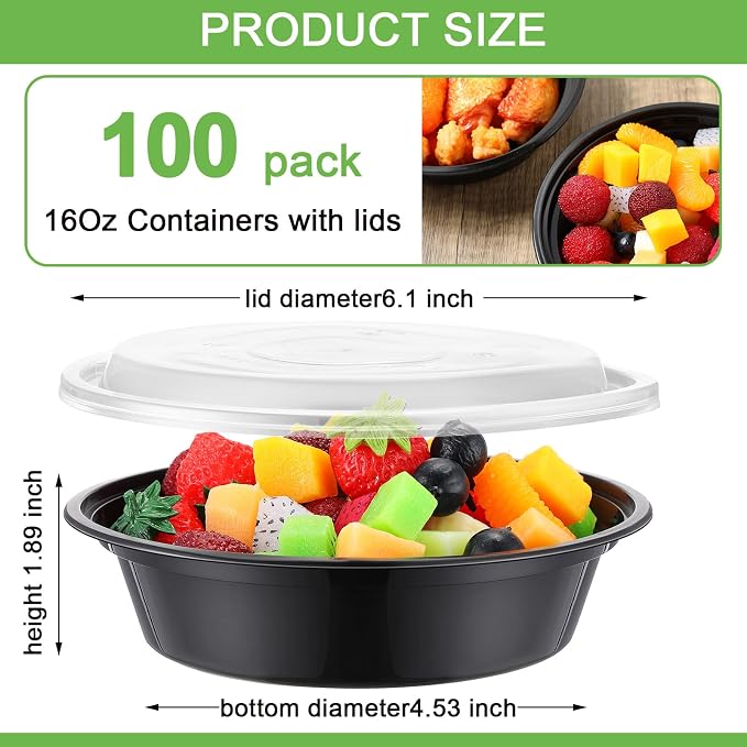 Nuenen 100 Pcs 16 oz Round Meal Prep Containers with Lids Plastic Containers Meal Prep Lunch Box Bowls Take out Food Storage Bento Box Microwavable Freezer Safe(Black) - Image 2