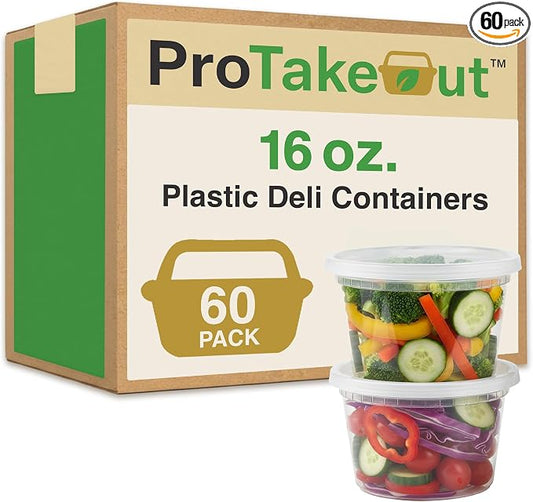 Reusable Plastic BPA-Free Food Storage Deli Container Leak‑Proof | 16oz, 60 set, Heavy Duty, Microwave, Freezer & Dishwasher Safe, Stackable by ProTakeOut